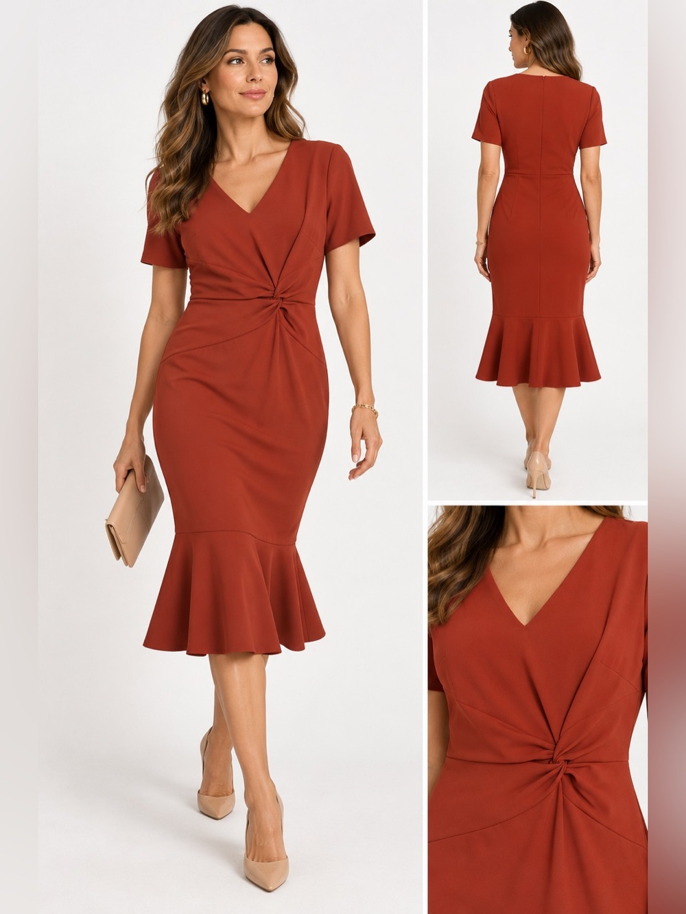 London Times Rust Twist-Front V-Neck Midi Dress